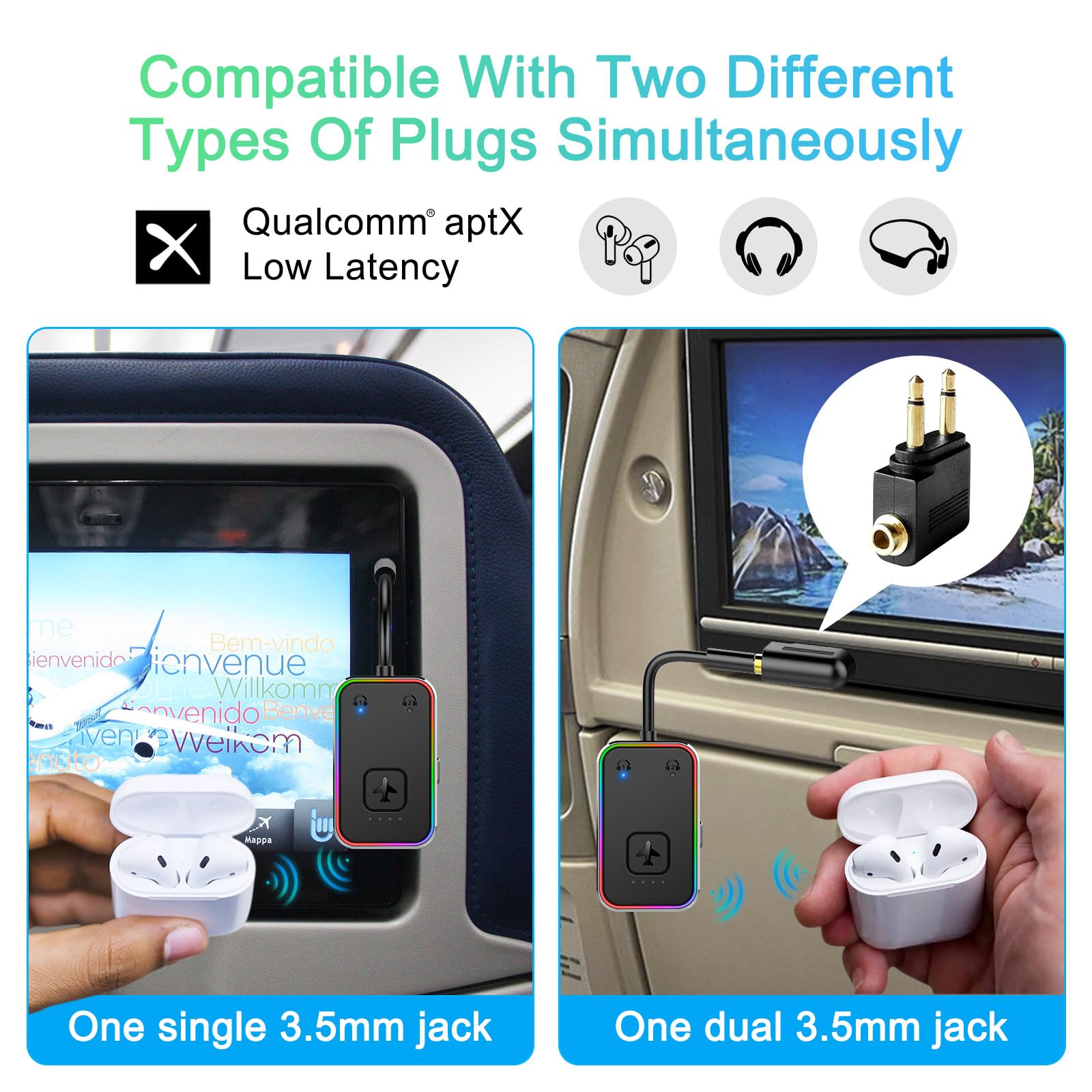 2024 Upgraded Pro Airplane Bluetooth 5.4 Transmitter For All Headphones, Aptx Ll, Supports 2 Headphones/Airpods, Wireless Audio